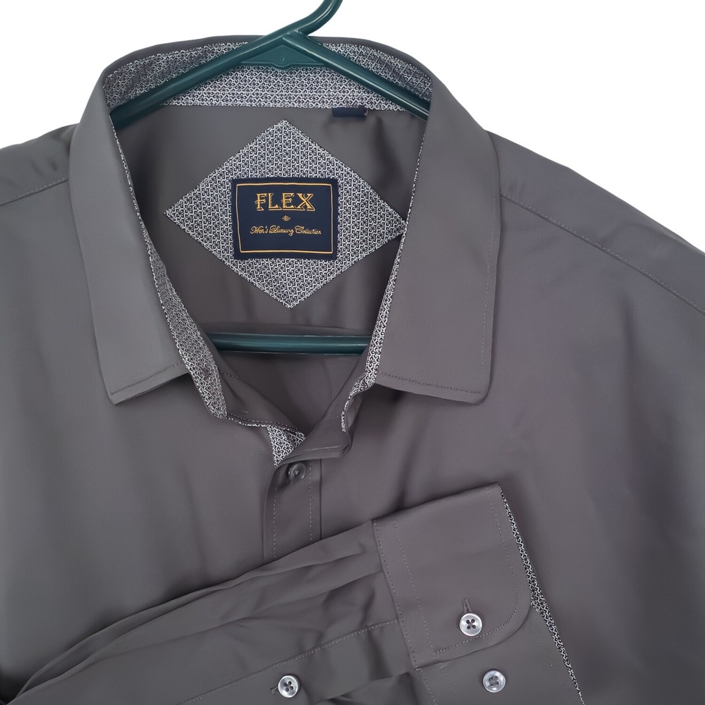 FLEX Mens Luxury Collection Gray Dress Shirt 2XL Stretch Non-Iron LS Button Up
